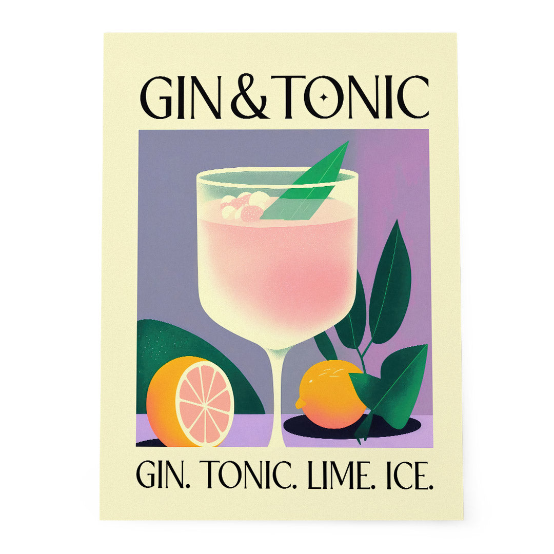 Gin Tonic Classic Cocktail Recipe Art Purple Room