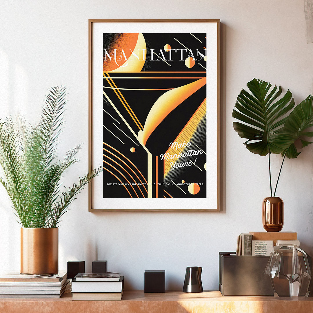 Manhattan Cocktail Art Black Print Elegant Recipe