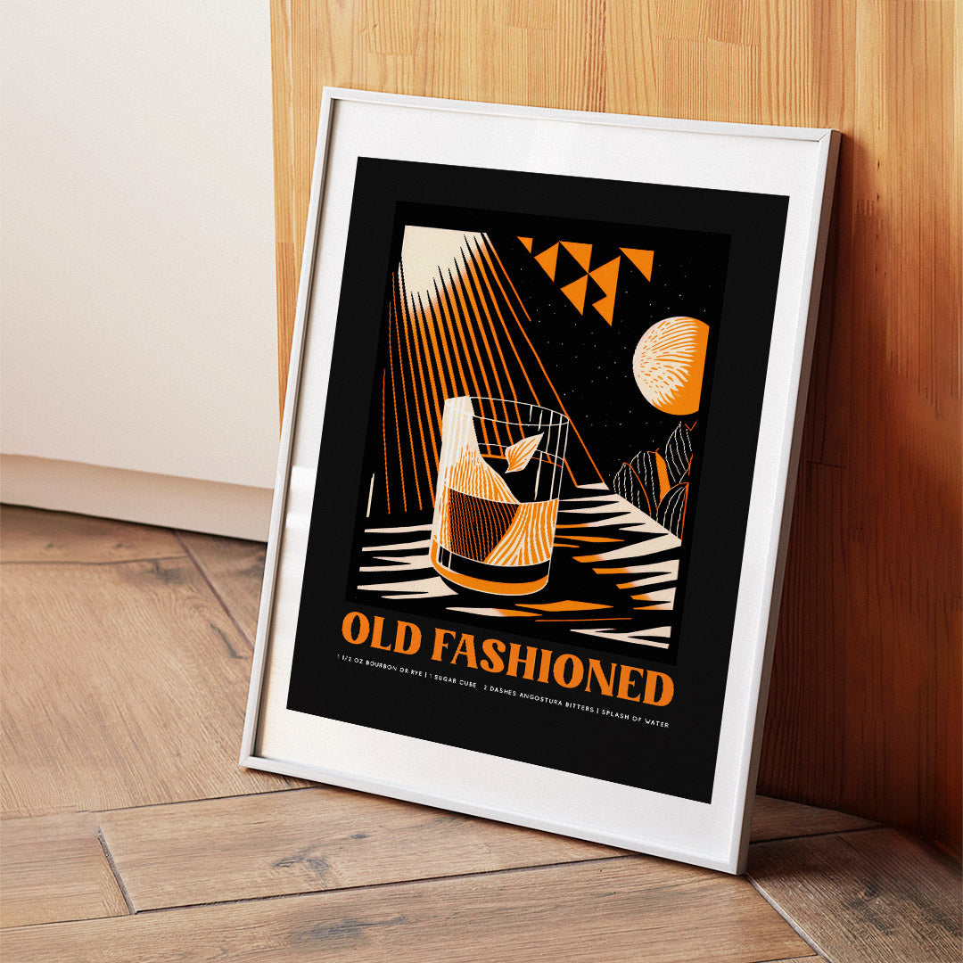 Old Fashioned Cocktail Art Abstract Black Orange Planet Bar Art