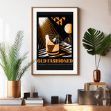 Old Fashioned Cocktail Art Abstract Black Orange Planet Bar Art