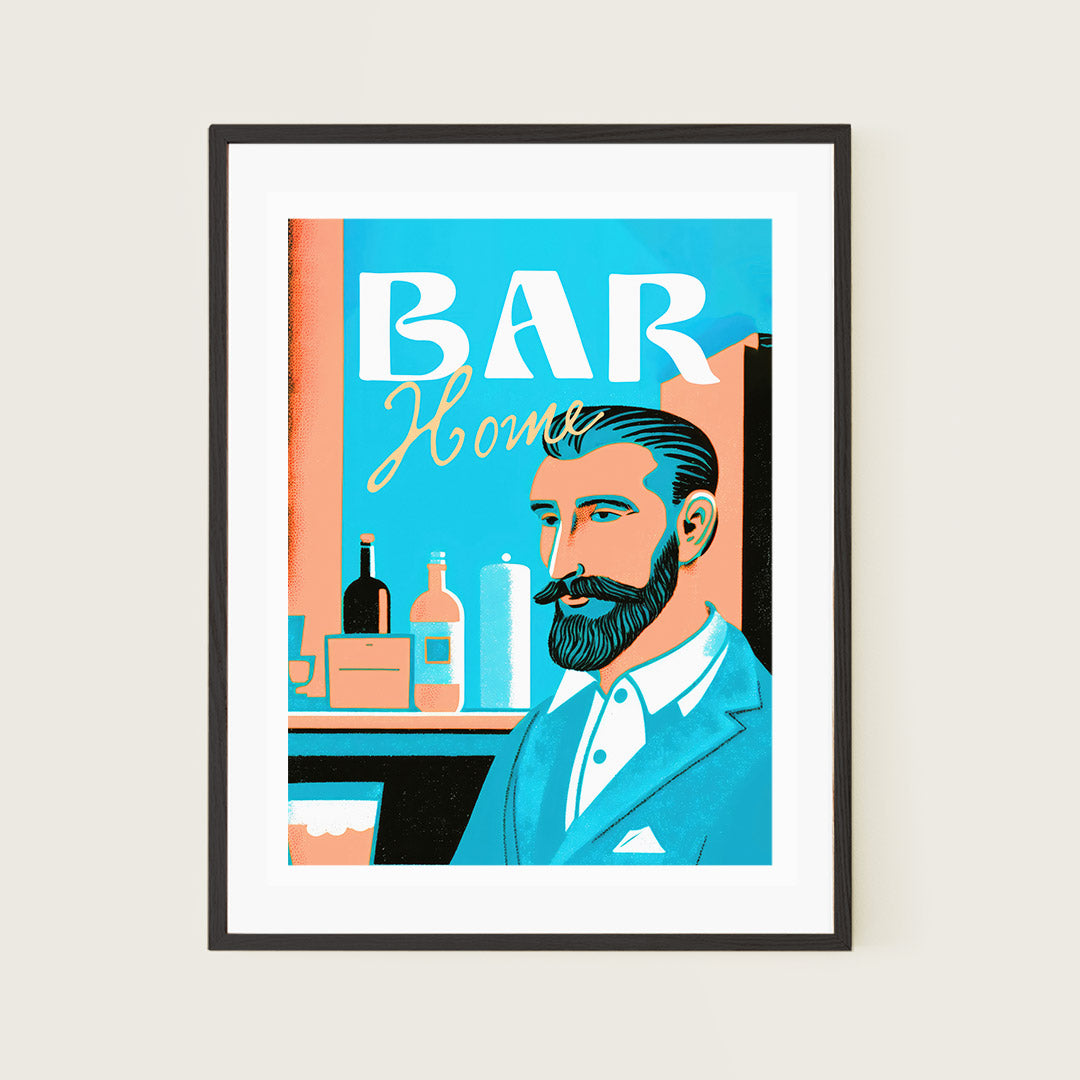 Pink Blue Home Bar Art Barman Portrait Vintage Cocktail