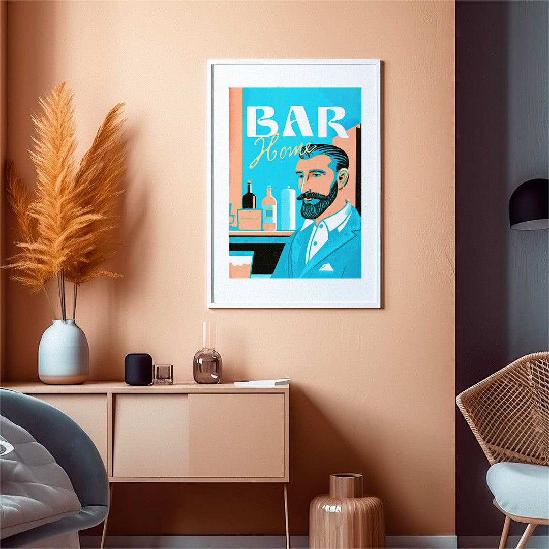 Pink Blue Home Bar Art Barman Portrait Vintage Cocktail