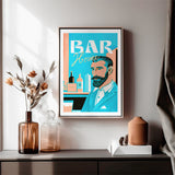 Pink Blue Home Bar Art Barman Portrait Vintage Cocktail