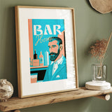 Pink Blue Home Bar Art Barman Portrait Vintage Cocktail