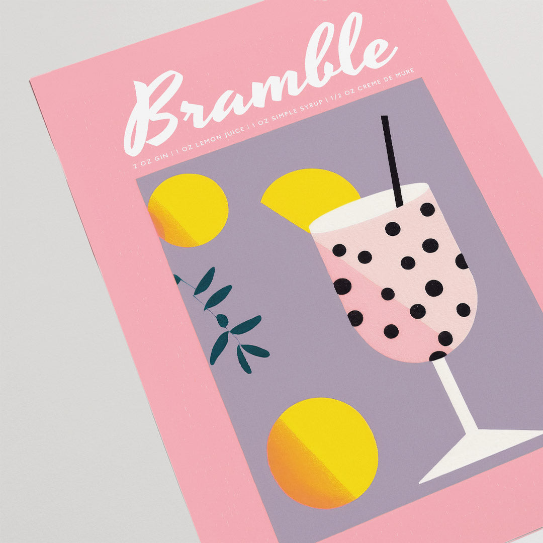 Pink Bramble Cocktail Art Recipe Vintage