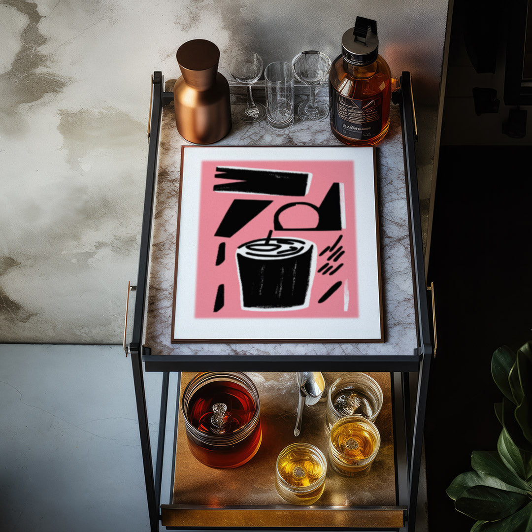 Pink Cocktail Art Black And White Home Bar Abstract Minimalist
