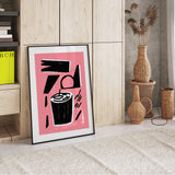Pink Cocktail Art Black And White Home Bar Abstract Minimalist