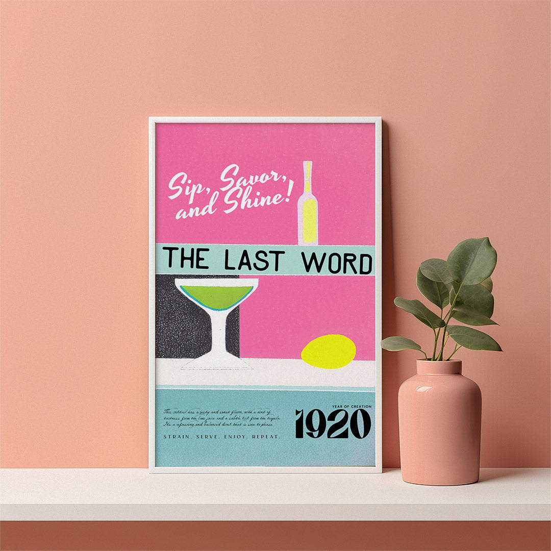 The Last Word Cocktail Art 70s Retro Recipe Ad Pink Abstract