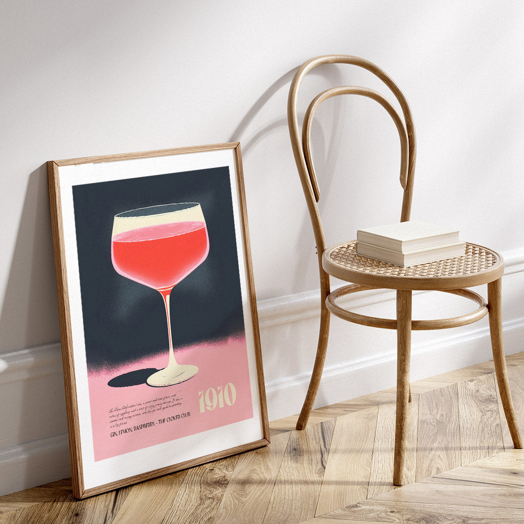 Vintage Clover Club Cocktail Glass 1910 Pink Print