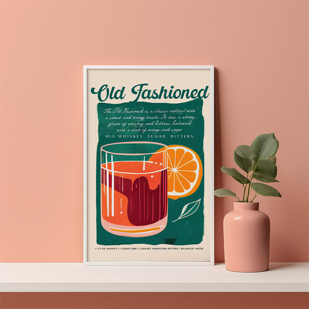Vintage Old Fashioned Cocktail Art Orange Glass Turquoise Kitchen