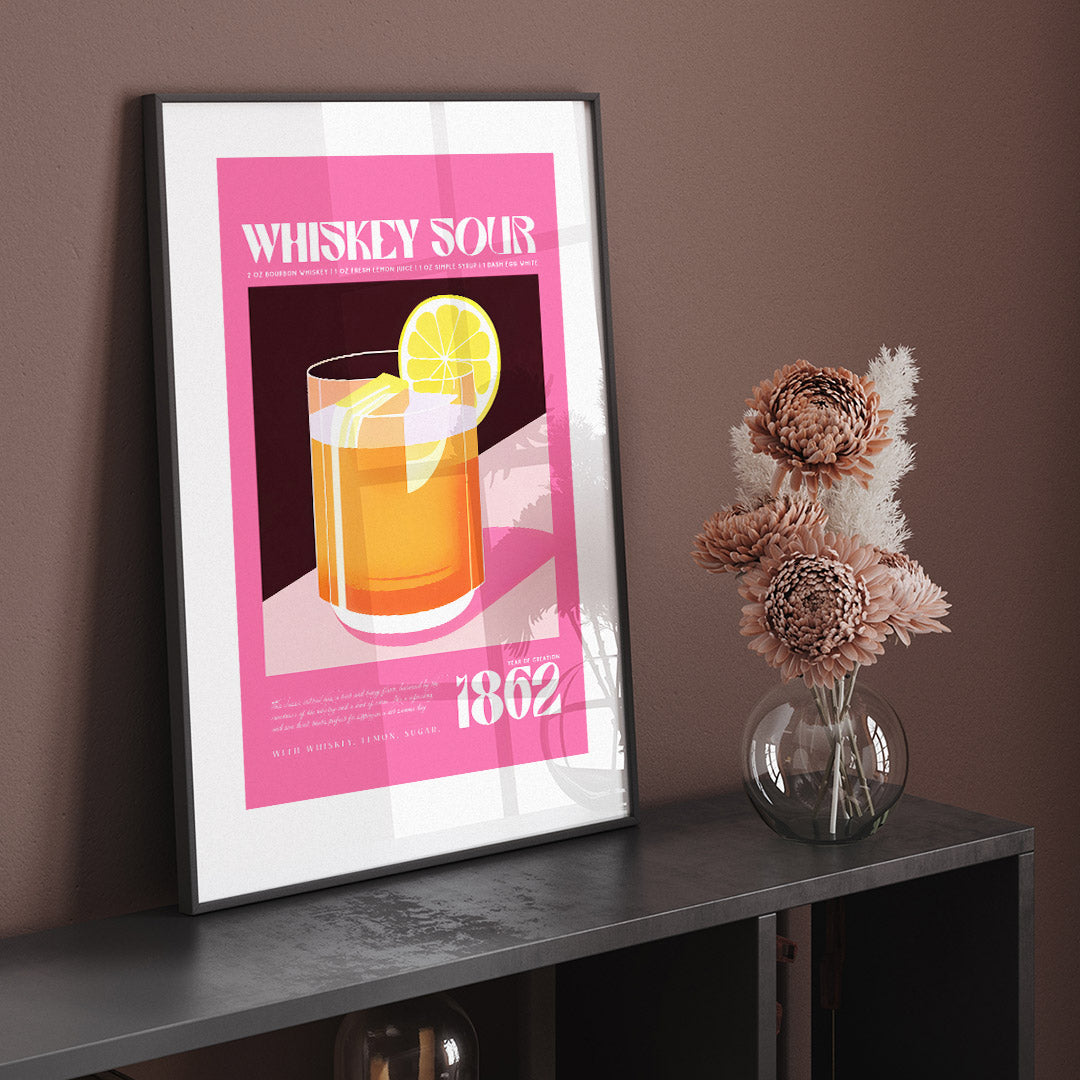 Vintage Pink Whiskey Sour Cocktail Art Bourbon 1862 Recipe