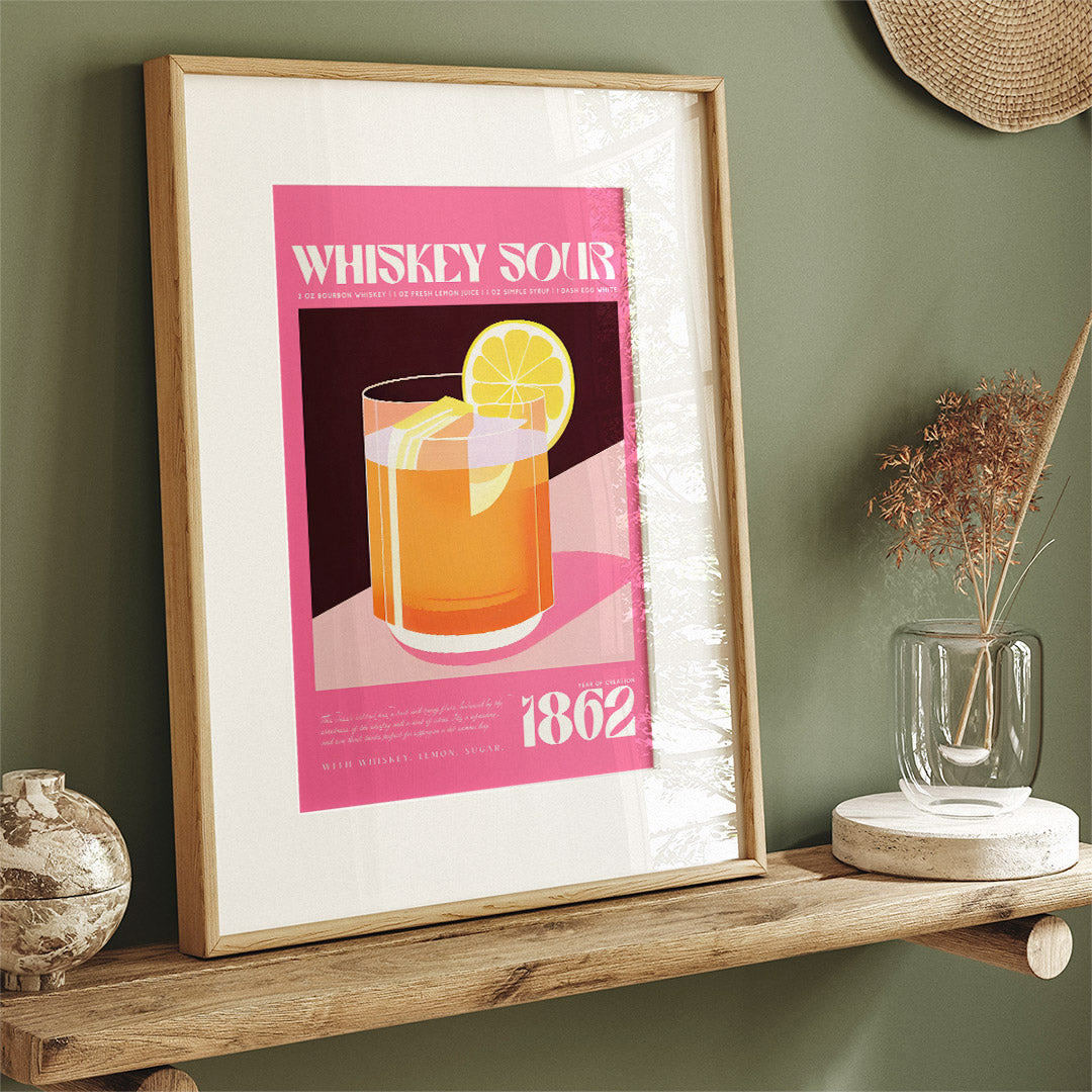 Vintage Pink Whiskey Sour Cocktail Art Bourbon 1862 Recipe