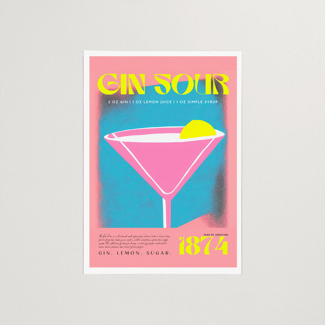 Yellow Pink Gin Sour Classic Cocktail 1874 Room Vintage Art Print